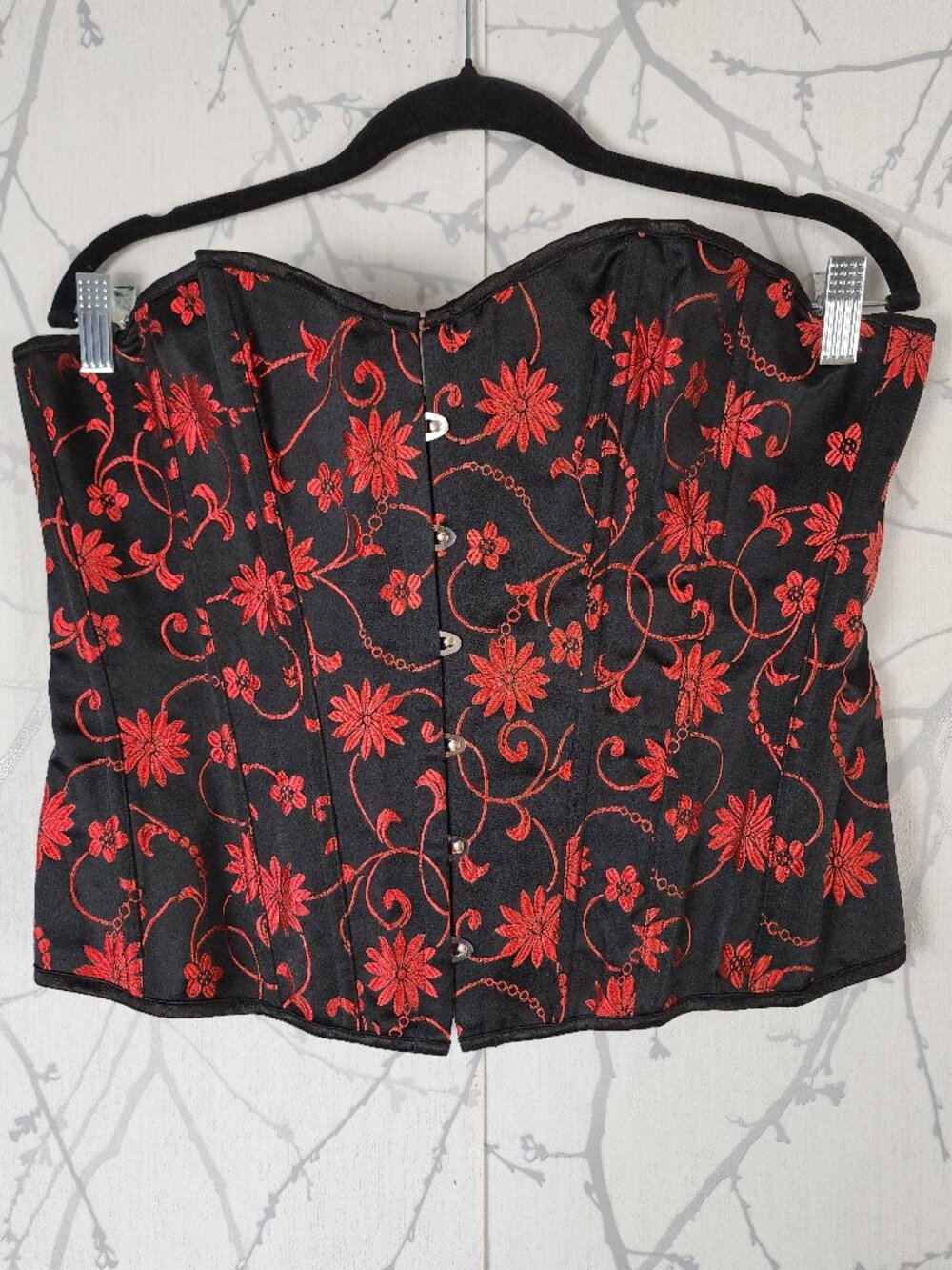 Black Red Floral Jacquard Lace Up Back Corset